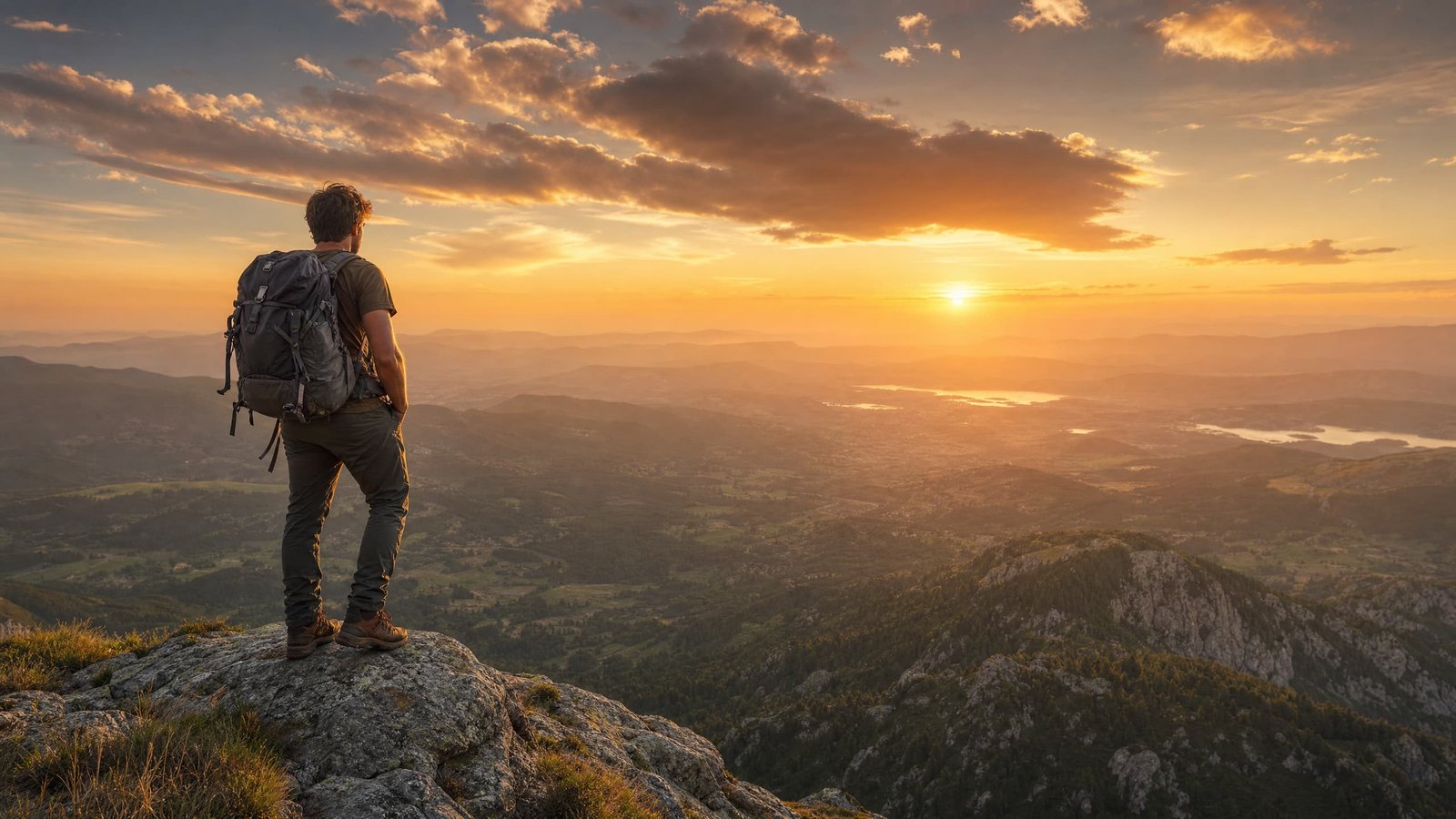 Adventure traveler on mountain at sunset